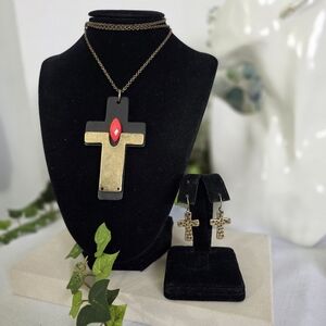 Statement Long Chain Necklace With Wood And Metal Cross with Earrings
